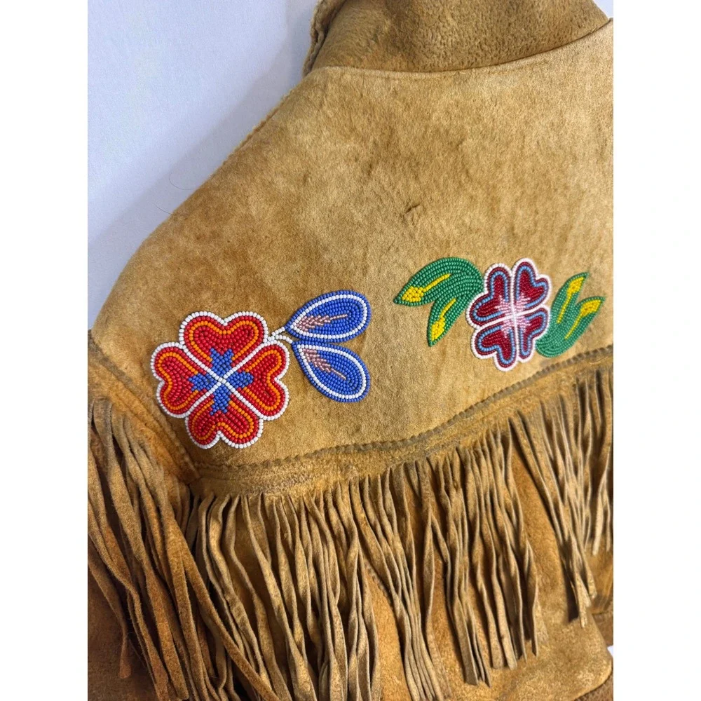 Vintage Buckskin Western Beaded Fringe Jacket Leather Floral Native Crop Women S - Picture 8 of 16